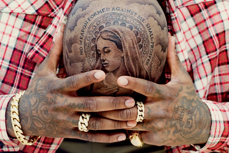 YG Virgin Mary scalp tattoo close-up