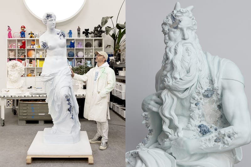 Dans sa nouvelle exposition à Paris, Daniel Arsham revisite les statues de la Grèce antique en y intégrant des cristaux