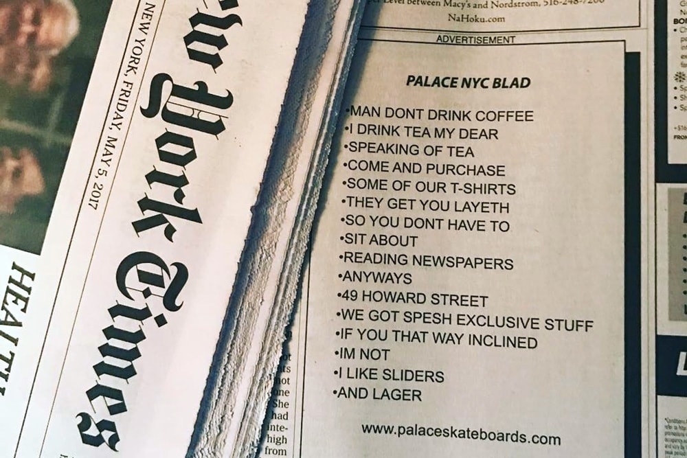 Palace 於紐約時報上刊登一個充滿特色的廣告