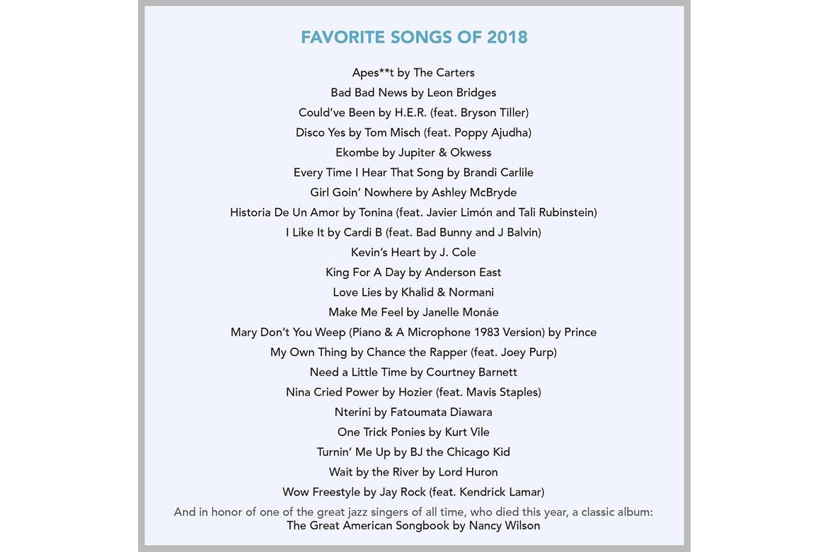Barack Obama 公佈個人 2018 年度歌曲、電影、書籍名單