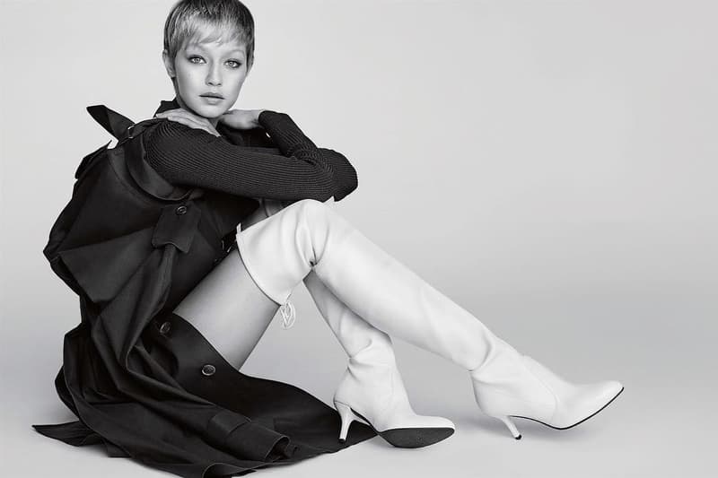 Gigi Hadid brown caramel hair pixie cut cropped stuart weitzman campaign fall winter 2017
