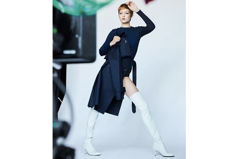 Gigi Hadid brown caramel hair pixie cut cropped stuart weitzman campaign fall winter 2017