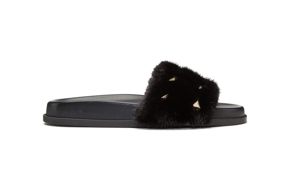 Valentino Black Fur Rockstud Slides SSENSE Pool