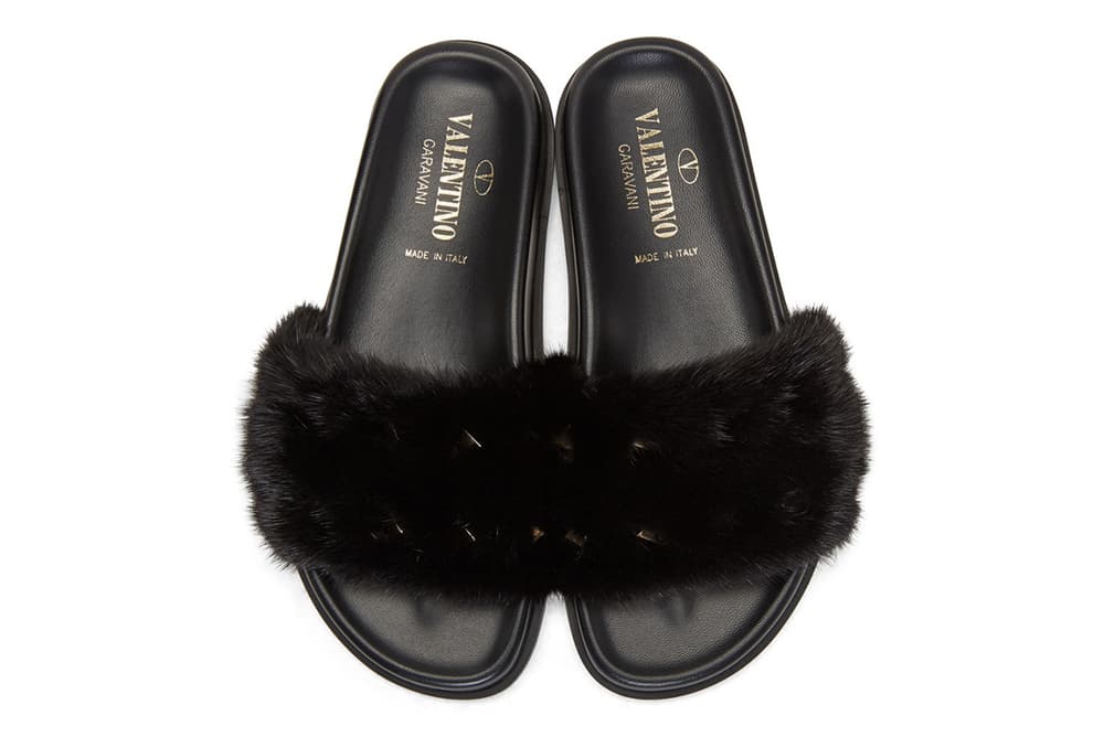 Valentino Black Fur Rockstud Slides SSENSE Pool