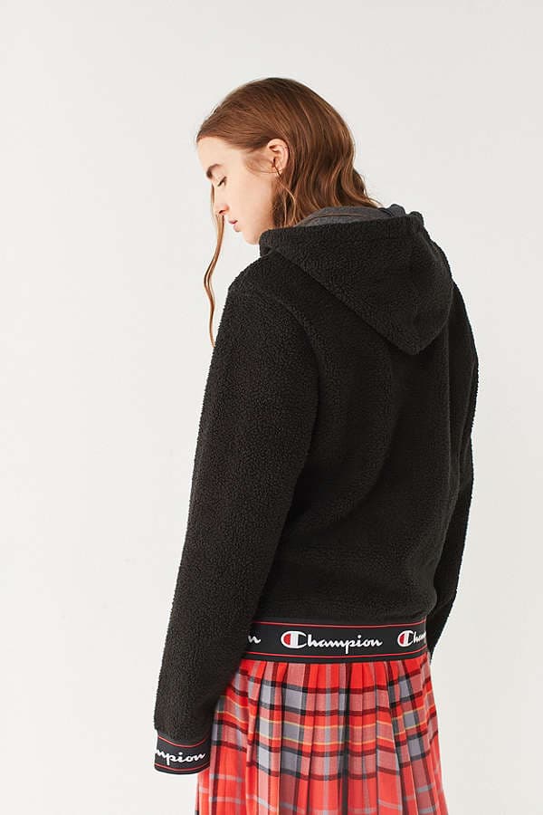 Champion Urban Outfitters Sherpa Zip Hoodie Sweatshirt Teddy Fluffy Jacket Coat Black Sporty Athletic