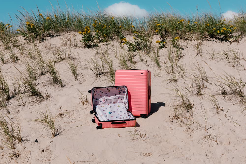 Away Travel Gray Malin Photographer Luggage Suitcase Collaboration Pink Blue White Pastel