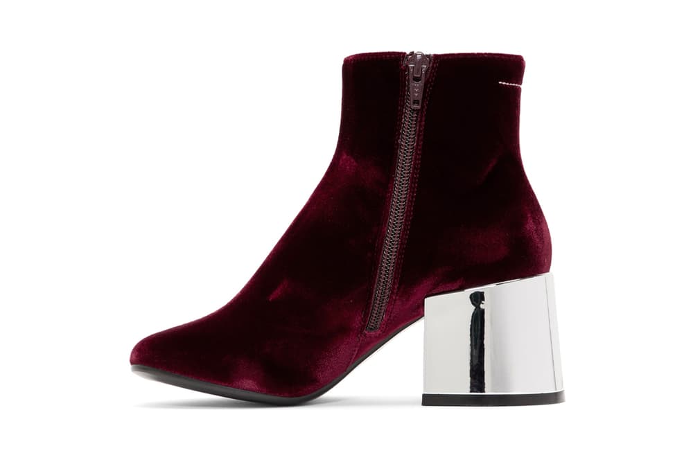 mm6 Maison Margiela Burgundy Velvet Cube Heel Boot Mirror Metallic Silver SSENSE