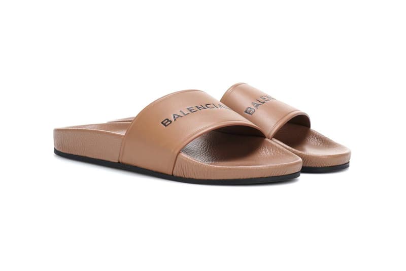 Balenciaga Logo Leather Slide Nude Brown