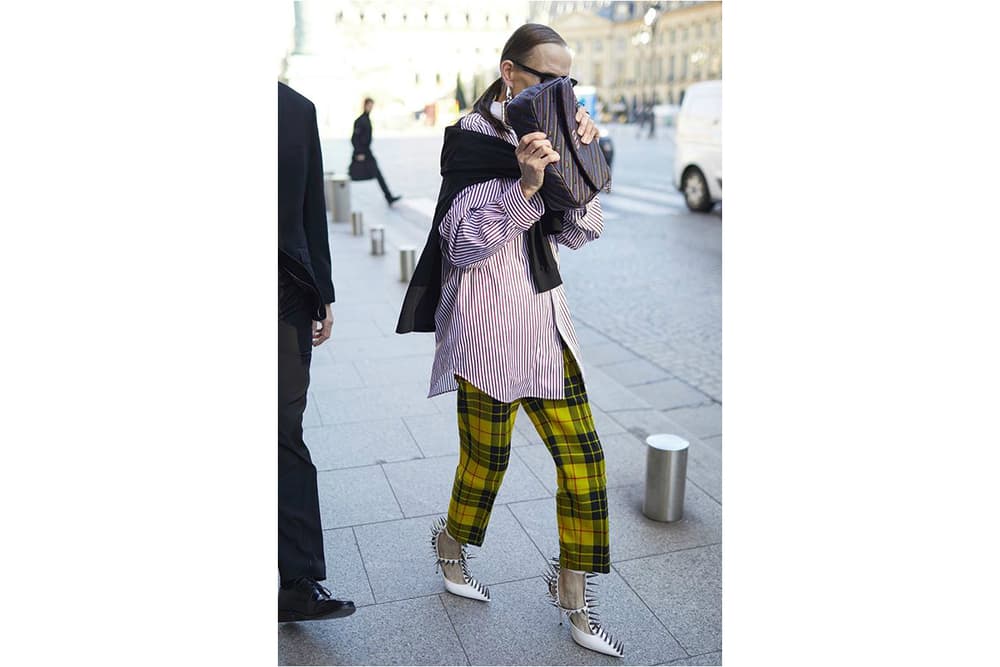 Balenciaga Spring/Summer 2018 Campaign Striped Shirt Plaid Pants Knife Pumps