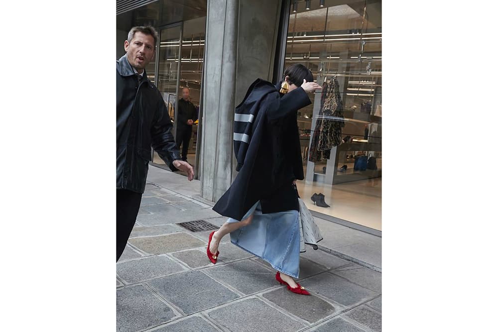 Balenciaga Spring/Summer 2018 Campaign Oversized Hoodie Denim Skirt Red Flats