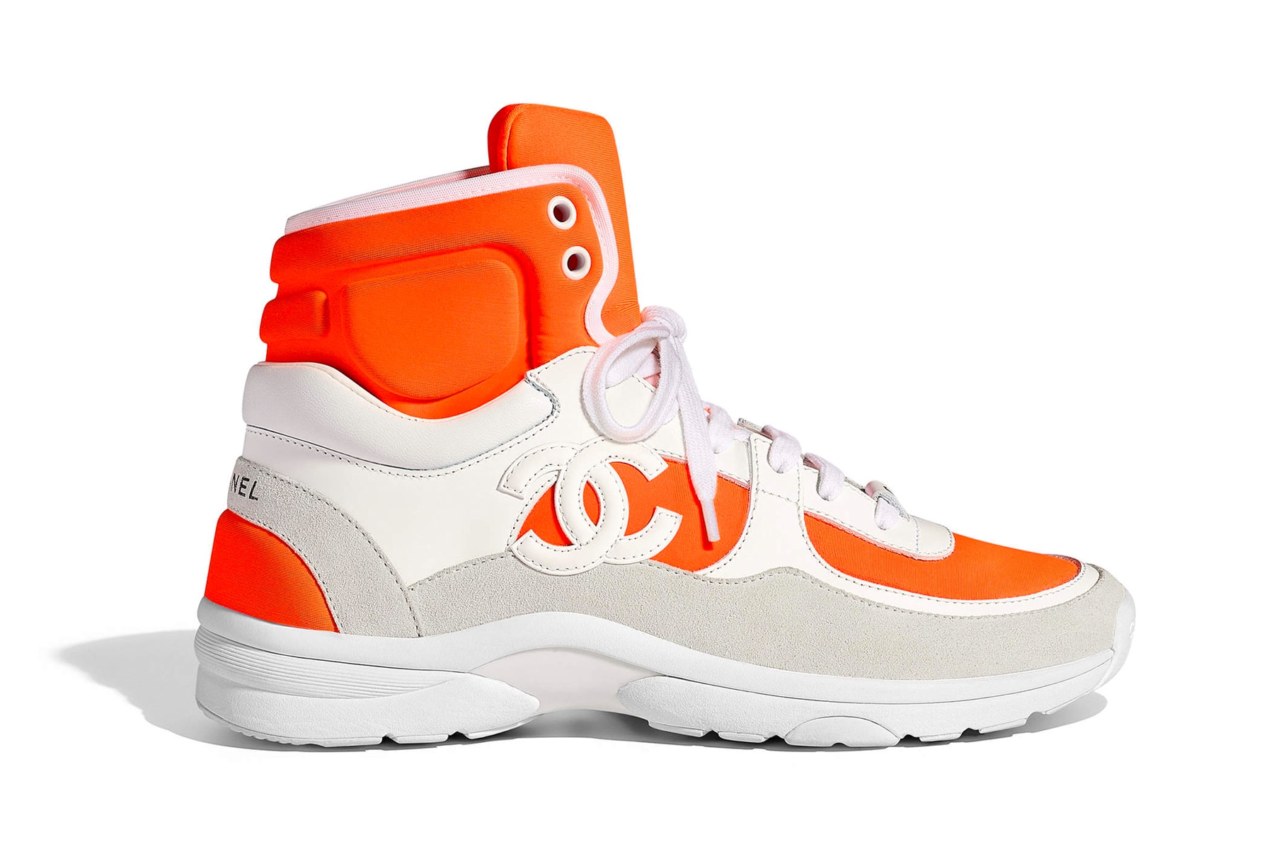 Chanel Spring Summer 2018 Pre-Collection Pre-Spring Sneaker Logo CC Double C Karl Lagerfeld High Top Orange White