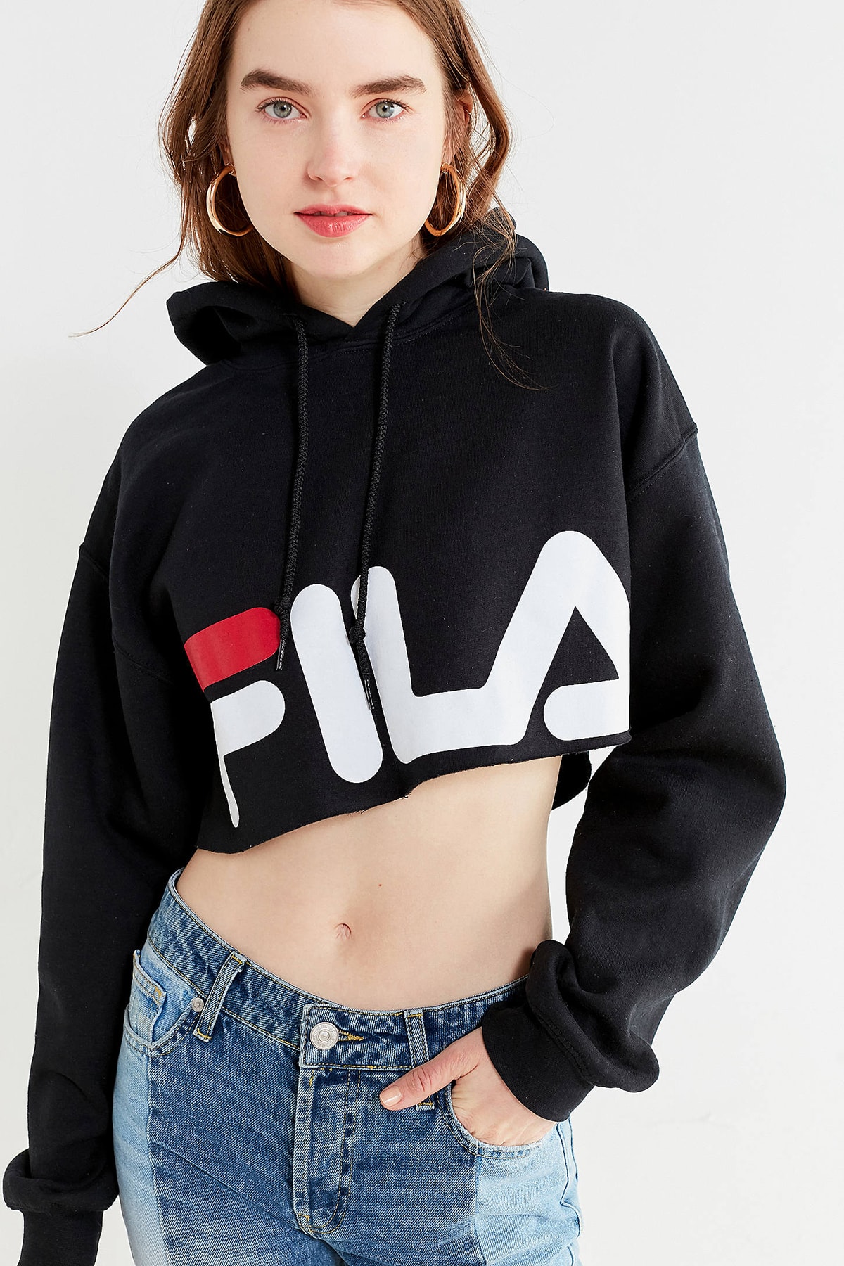 FILA Urban Outfitters Cropped Hoodie Black Sweatshirt Sweater logo