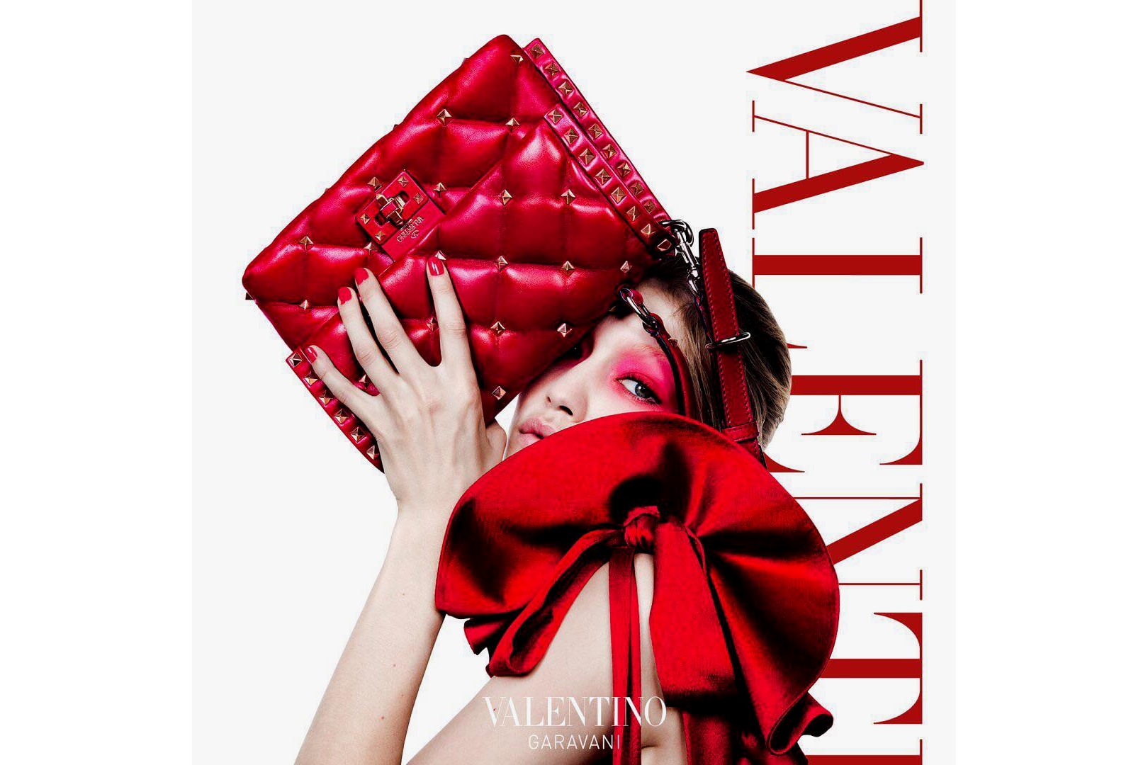 Gigi Hadid Valentino Spring/Summer 2018 Campaign Shoot Fashion Glamour Red Bag Rockstud Candy Stud Valentino Garavani