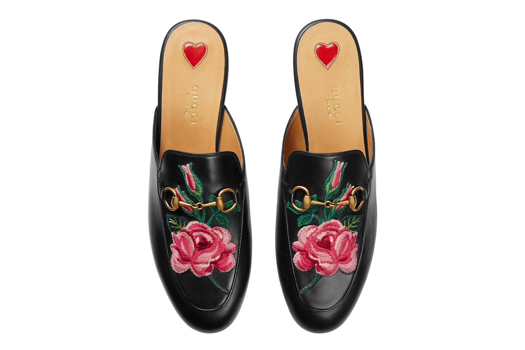 Gucci Floral Embroidered Princetown Leather Slippers Pink Red Black