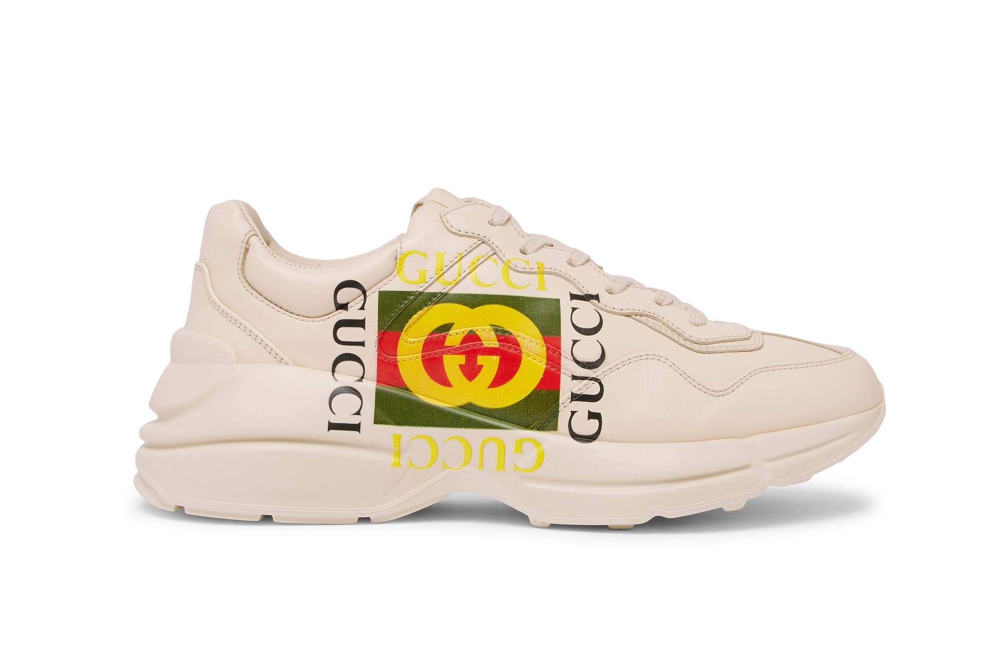 Gucci Logo Rhydon Sneaker Chunky Dad Shoe White Cream Retro Colorful Statement Iconic Piece Order Available Now Luxury Limited