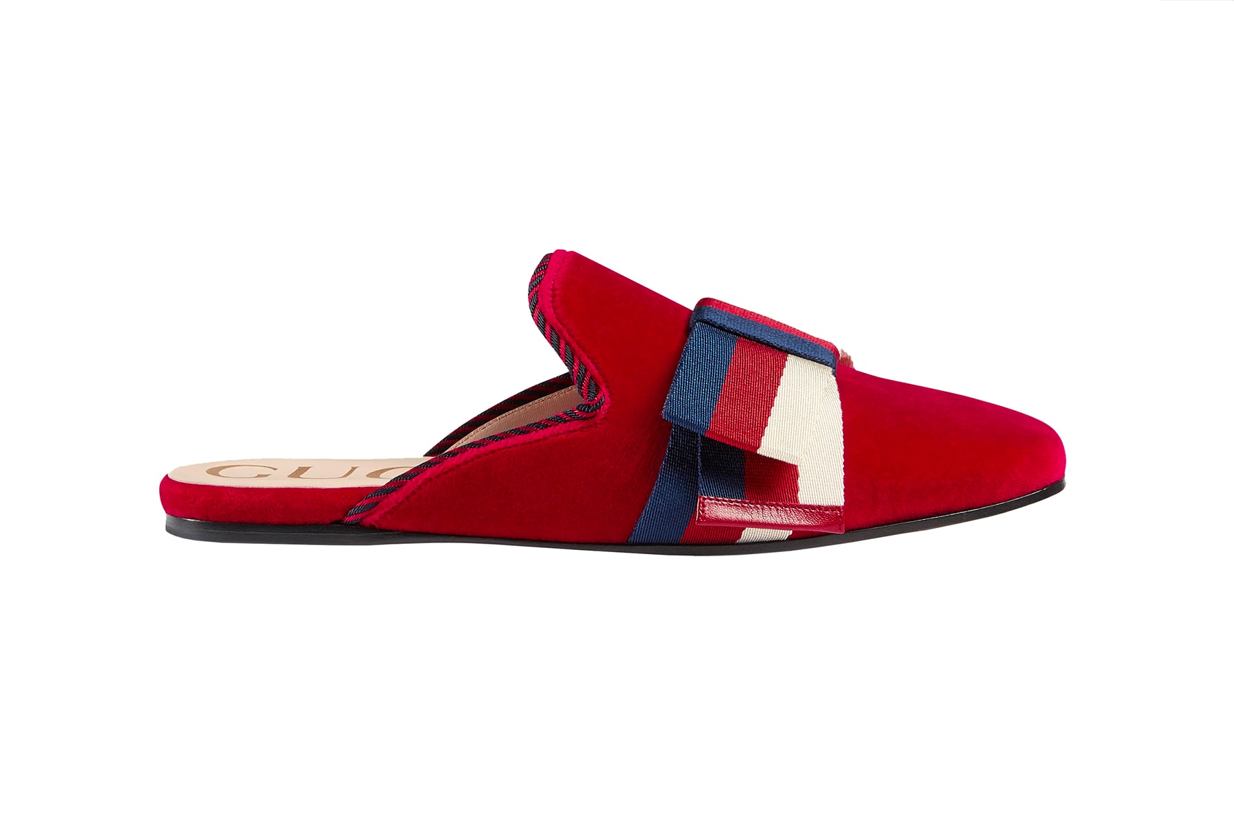 Gucci Velvet Slippers Sylvie Bow Hibiscus Red Blue Slides Mules Cruise 2018 Alessandro Michele