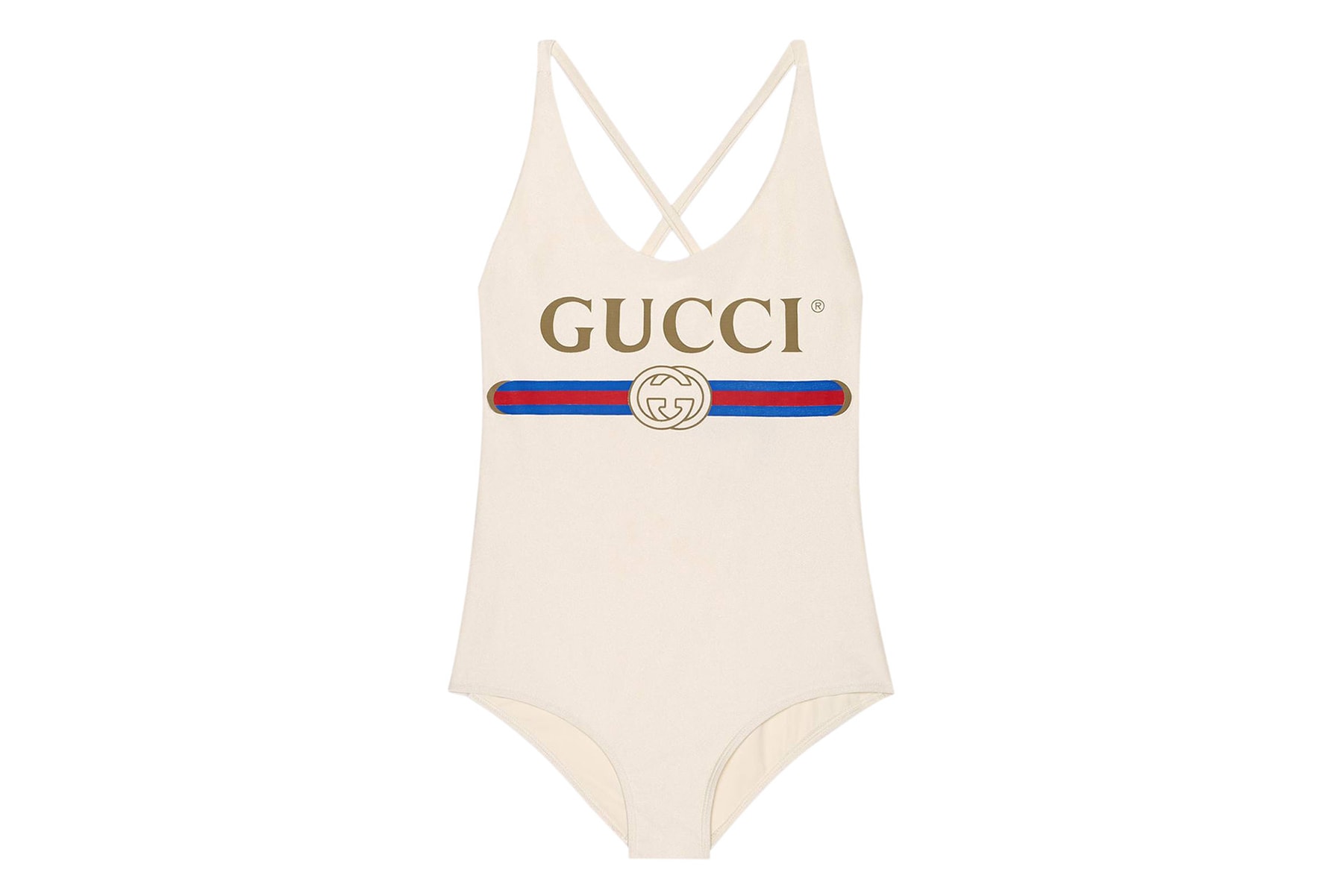 Gucci Vintage Logo Sparkling Swimsuit Retro Bathing Suit Swimwear White Red Blue Alessandro Michele