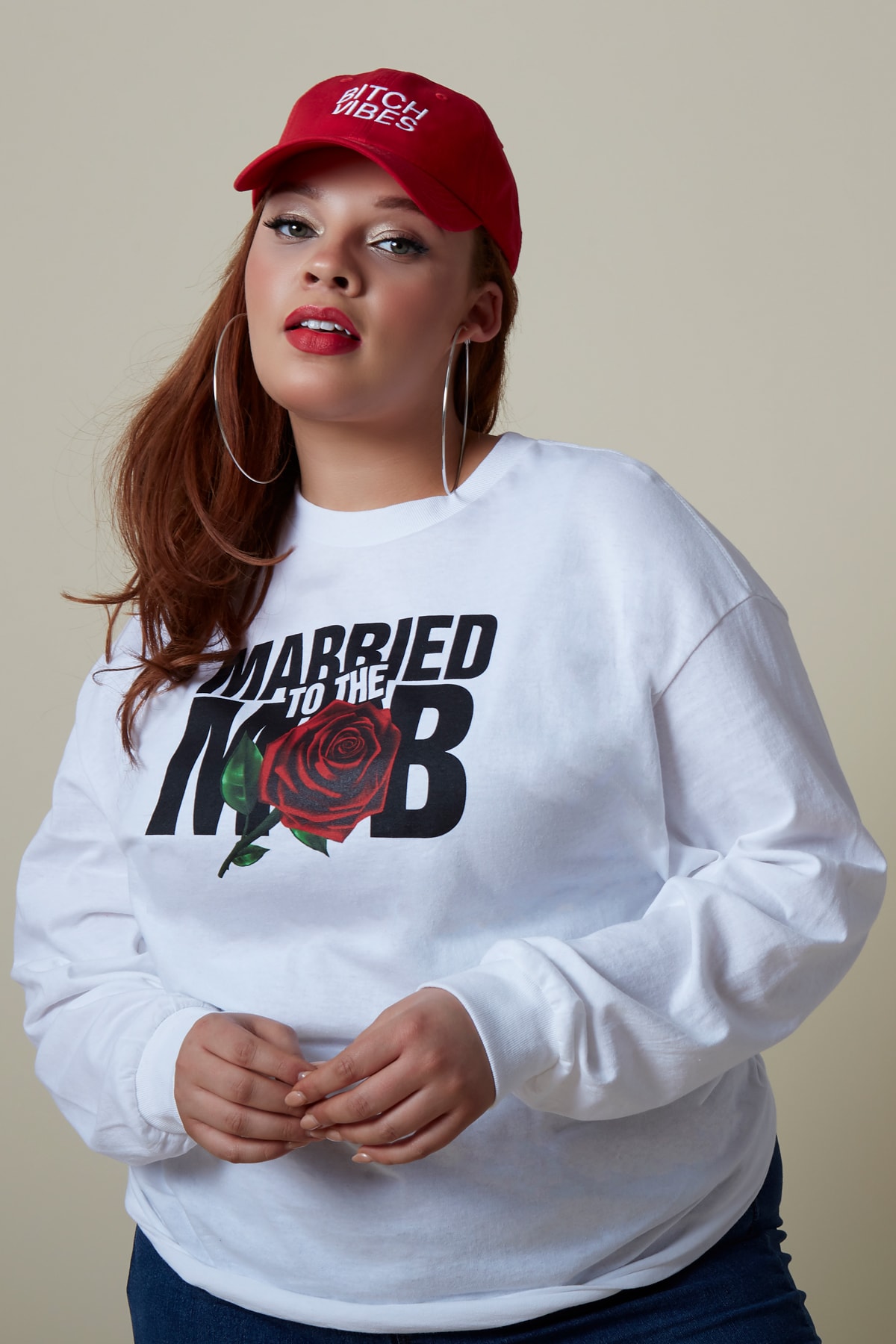 Married to the Mob Capsule Collection White Rose Knit Longsleeve Shirt Red Hat