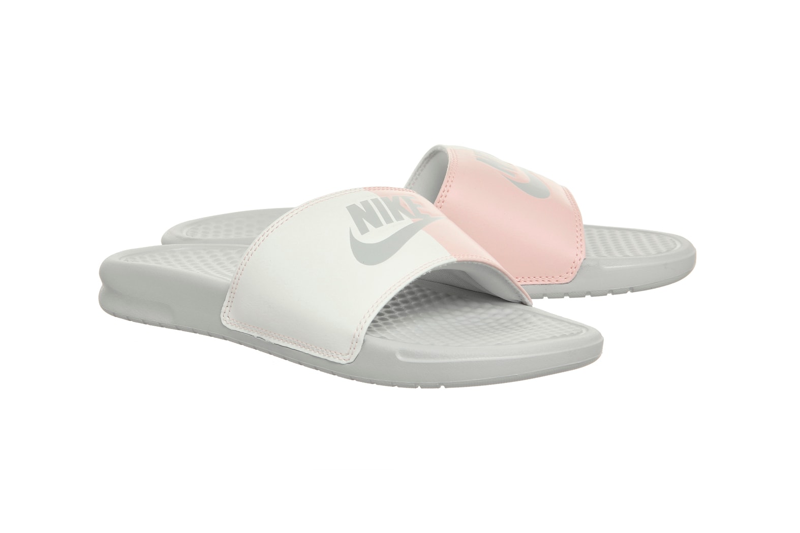 Nike benassi womens slides sandals slip on pink white dual two tone split summer where to buy