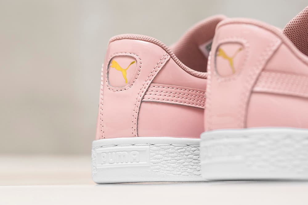 PUMA Basket Heart Patent Pink Grey Colorway Sneaker Silhouette HBX