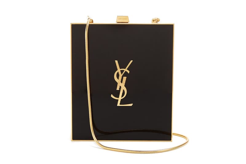 Saint Laurent Plexiglass Tuxedo Box Clutch YSL Logo Bag Designer Handbag Where to Buy Gold Chain