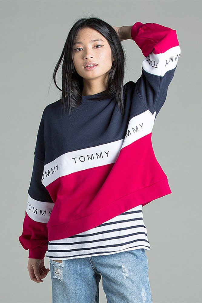 Tommy jeans hilfiger retro 90s sweatshirt colorblock red navy pastel mint green logo branded sweater womens where to buy