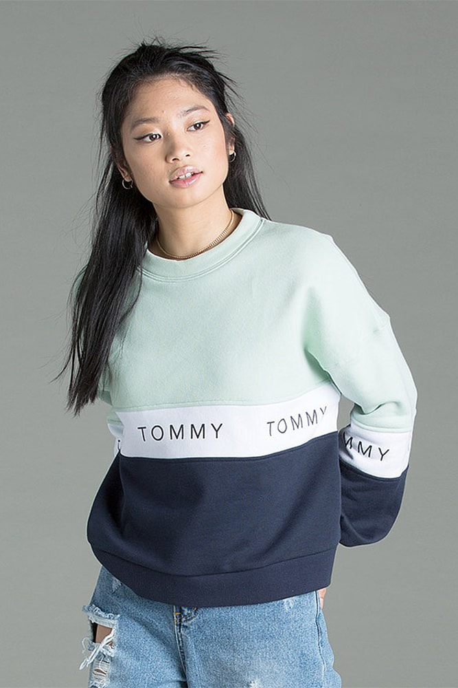 Tommy jeans hilfiger retro 90s sweatshirt colorblock red navy pastel mint green logo branded sweater womens where to buy