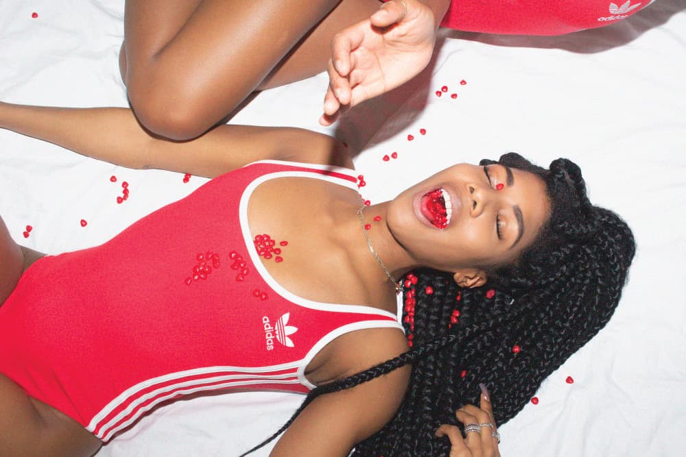 adidas Originals red bodysuit three stripe superstar 80s half heart editorial photo shoot marshall heritage valentines day