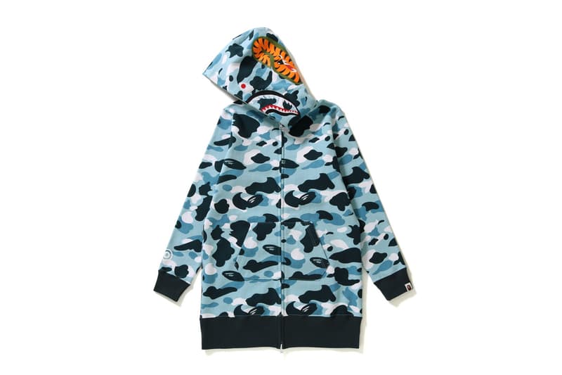 BAPE Navy Marine Camouflage Womens Collection Shark Face Hoodie Blue Print T-Shirt