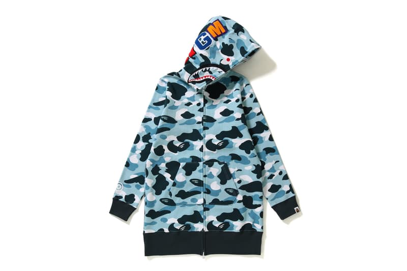 BAPE Navy Marine Camouflage Womens Collection Shark Face Hoodie Blue Print T-Shirt