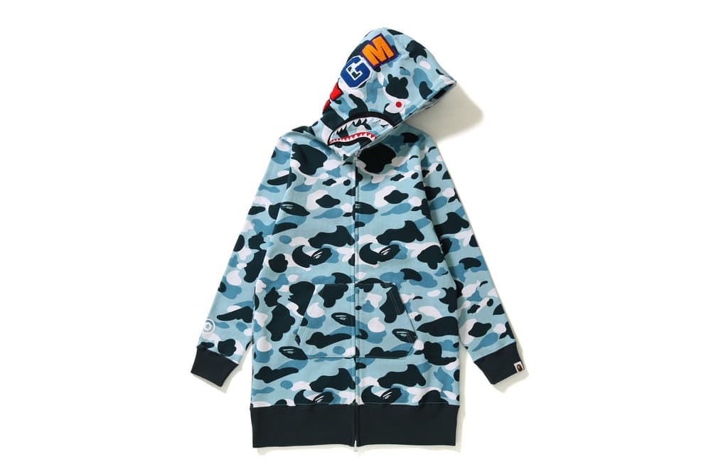 BAPE Navy Marine Camouflage Womens Collection Shark Face Hoodie Blue Print T-Shirt