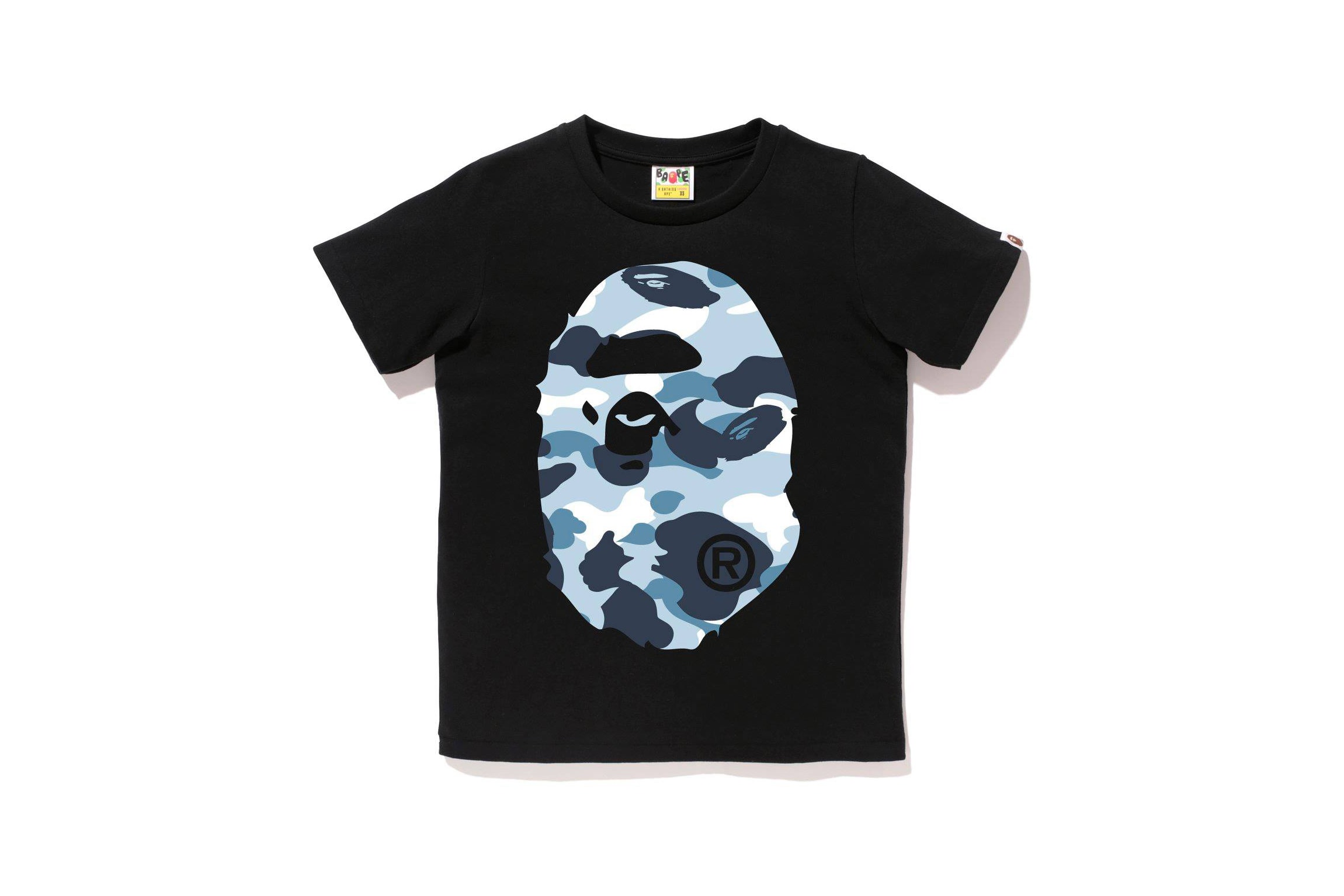 BAPE Navy Marine Camouflage Womens Collection Shark Face Hoodie Blue Print T-Shirt