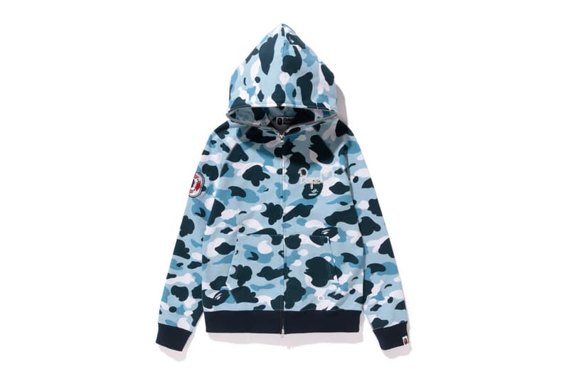 BAPE Navy Marine Camouflage Womens Collection Shark Face Hoodie Blue Print T-Shirt