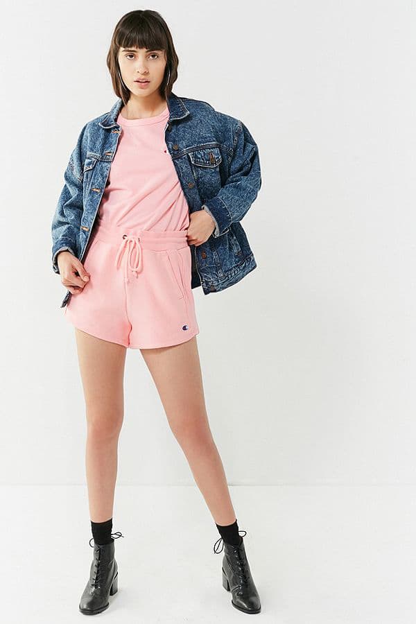 Champion Pink Reverse-Weave Shorts T-Shirt Set Urban Outfitters Logo Embroidery Loungewear Summer Spring Outfit