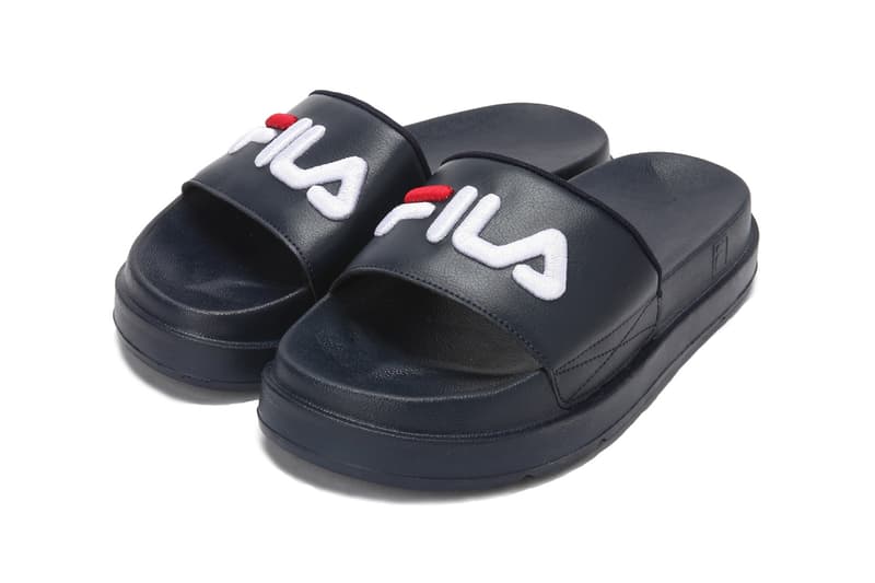 FILA logo millennial pastel pink platform slides drifter jacked up black white summer footwear where to buy