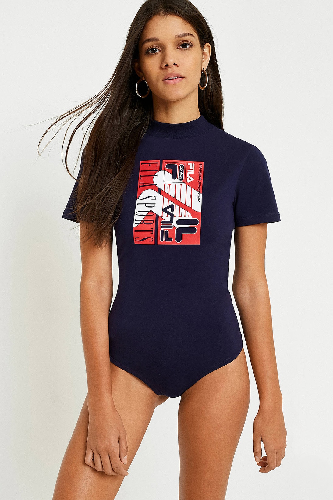 FILA womens bodysuit retro vintage sportswear logo navy urban outfitters