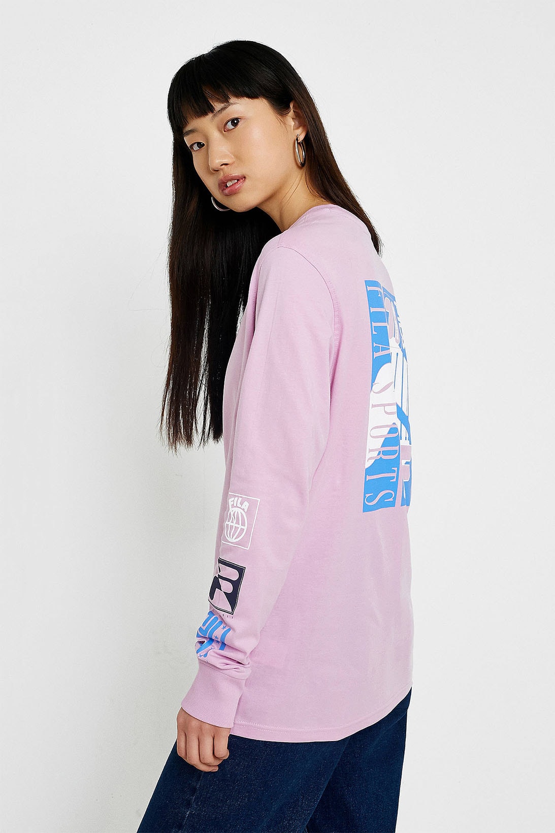 FILA ultra violet light pastel purple pink graphic logo long sleeve top urban outfitters
