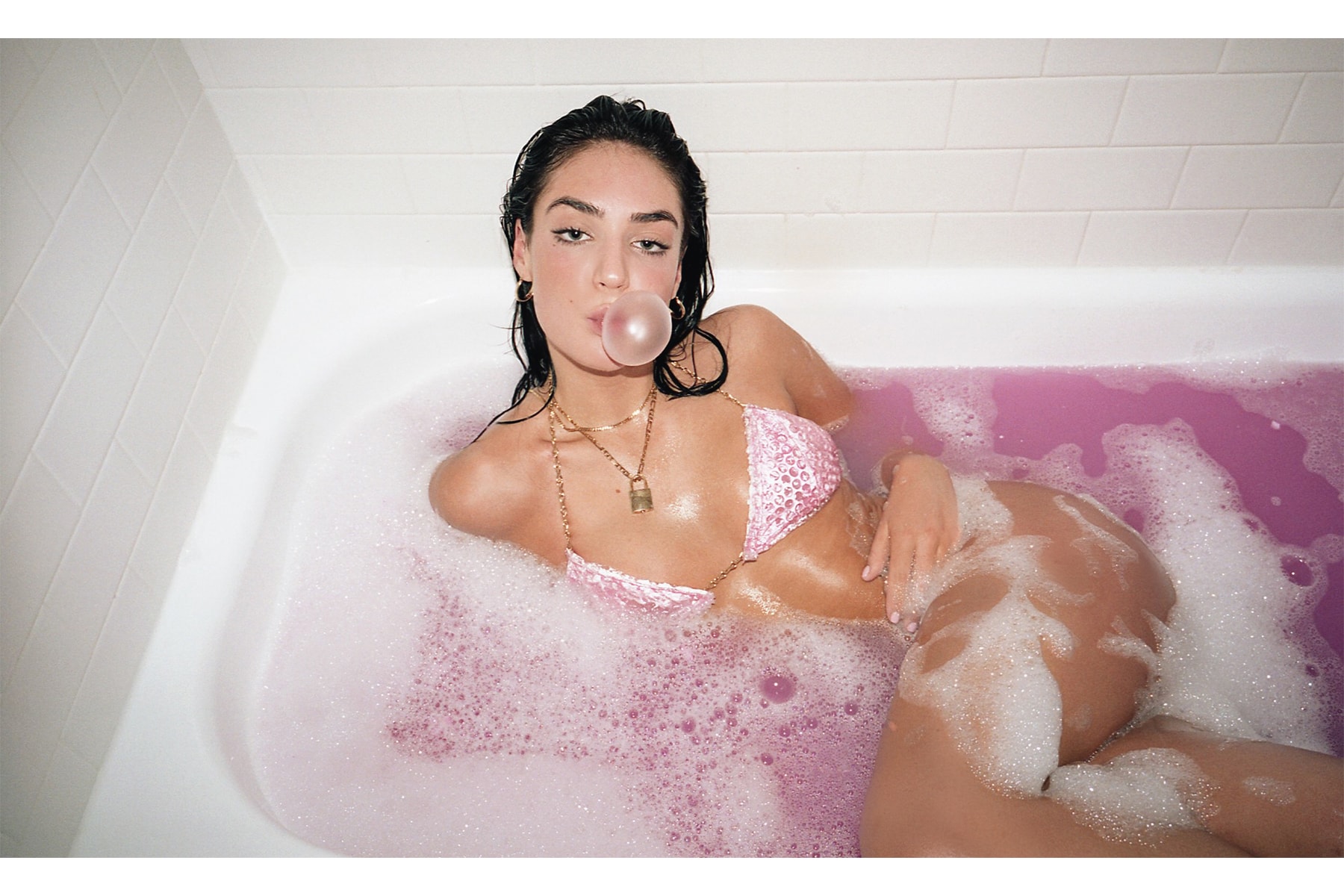 Glossier Pink Pouch Bikini Bathing Suit Swimsuit Frankie Collective Gold Chains Hotel Bubblebath DIY Valentines Day Editorial HYPEBAE Sara Gourlay Rework Bubblegum