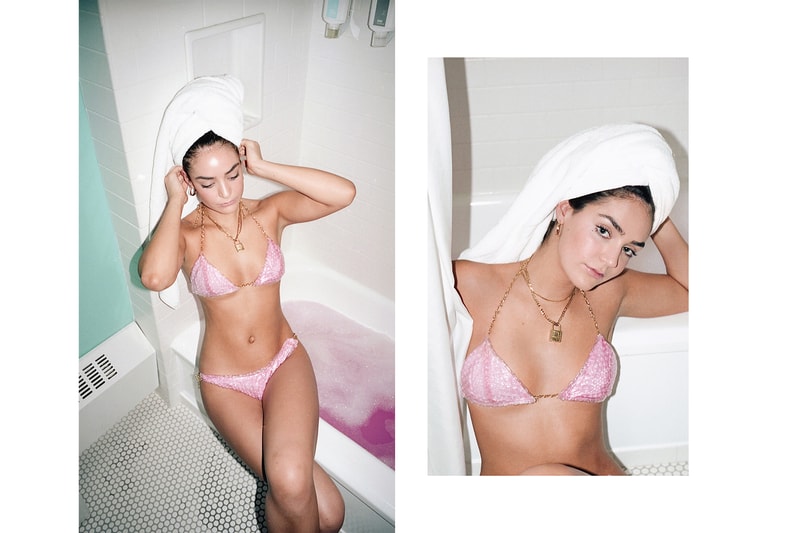 Glossier Pink Pouch Bikini Bathing Suit Swimsuit Frankie Collective Gold Chains Hotel Bubblebath DIY Valentines Day Editorial HYPEBAE Sara Gourlay Rework Bubblegum