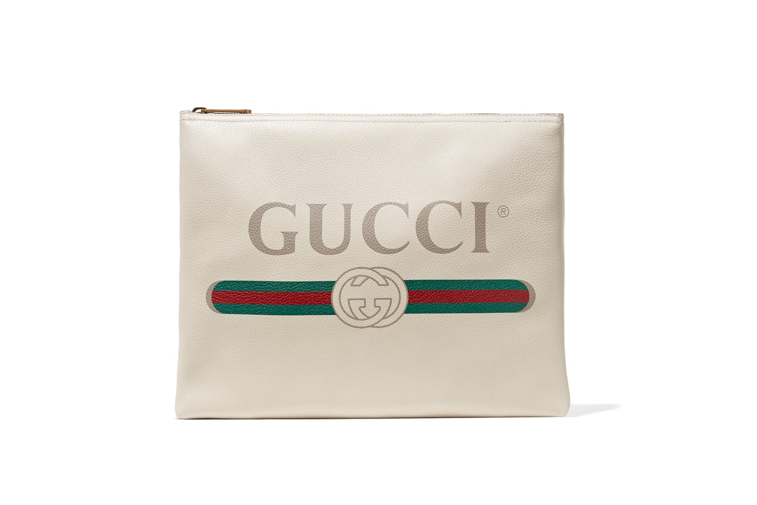 Gucci White Vintage Logo Leather Pouch Print Green Red Retro Leather Over-size Accessory Bag