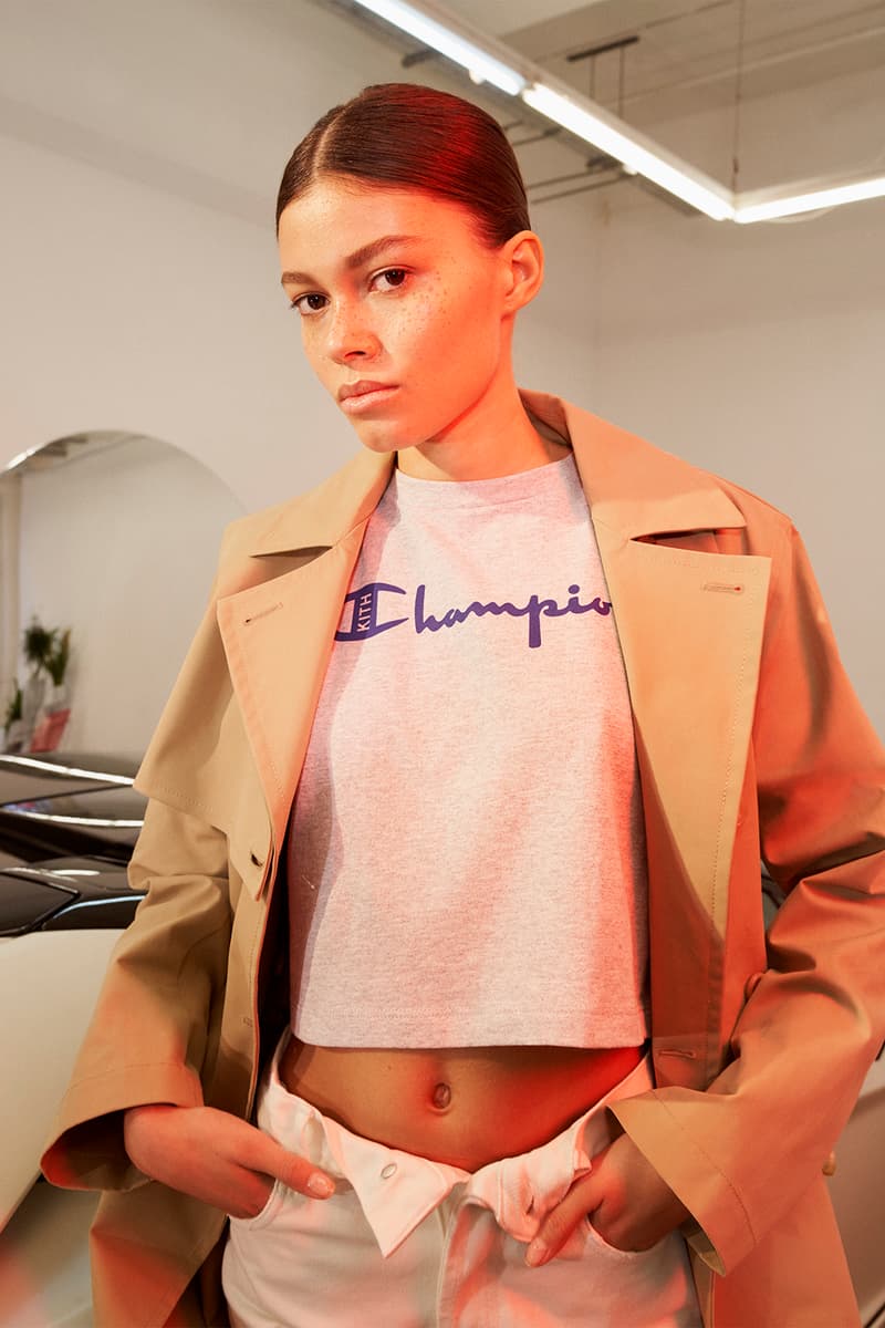kith womens champion collaboration collection oversized sweatshirt logo hoodie cropped t-shirt 90s track jacket pants where to buy net-a-porter