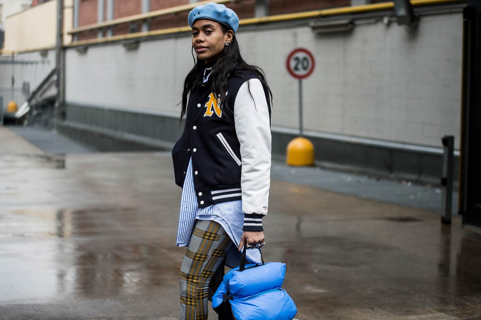 Milan Fashion Week 2018 Streetsnaps Women Beret Varsity Jacket