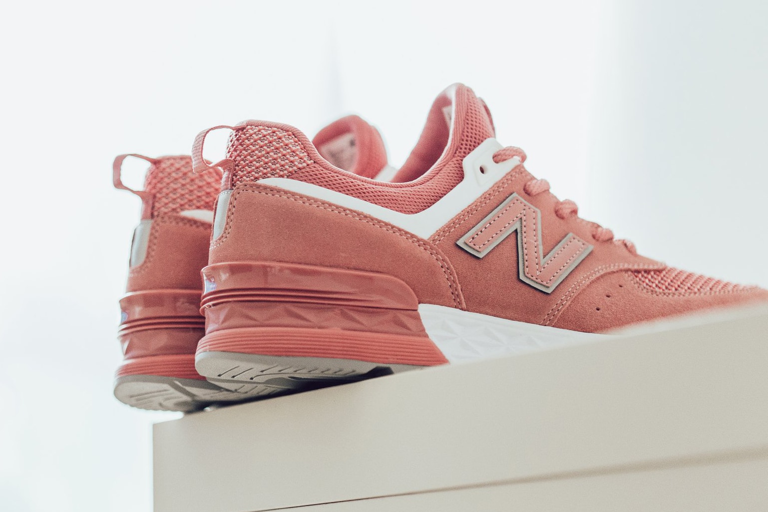 New Balance 574 Sports Dusted Peach Pink Rose Sneaker Back Heel