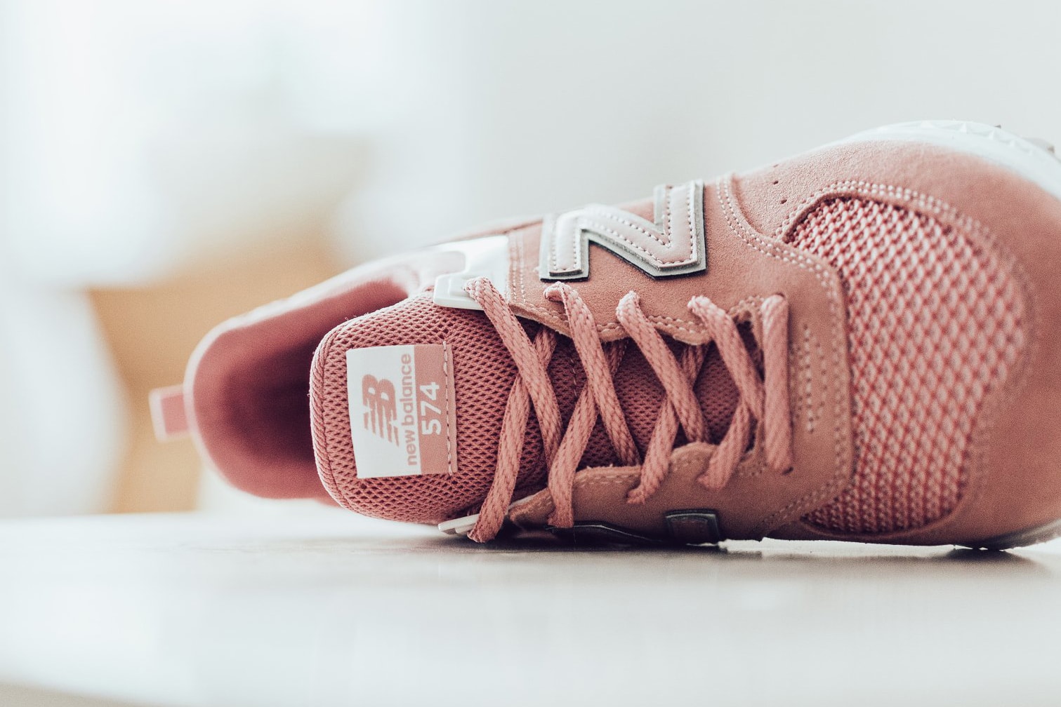 New Balance 574 Sports Dusted Peach Pink Rose Sneaker Laces Tongue