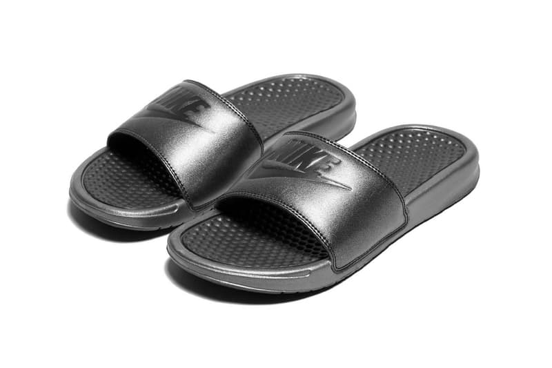 nike benassi womens slides sandals slip on metallic iridescent sparkly glitter black swoosh where to buy