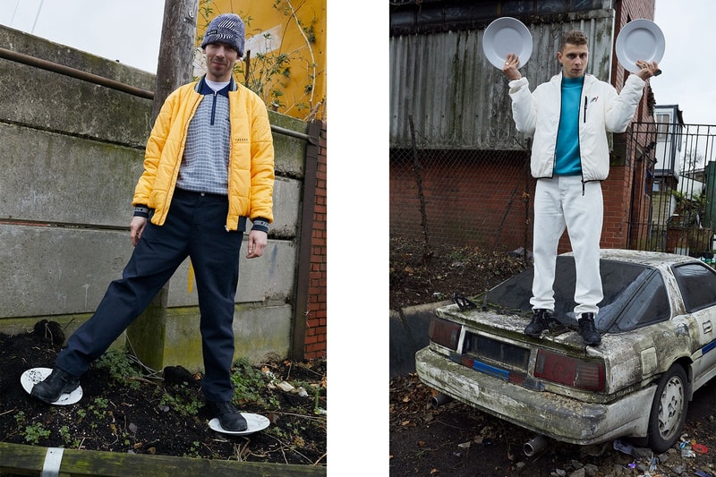 Palace Skateboards Spring 2018 Collection Lookbook Juergen Teller Yellow Bomber Jacket Patterned Beanie White Puffer Pants