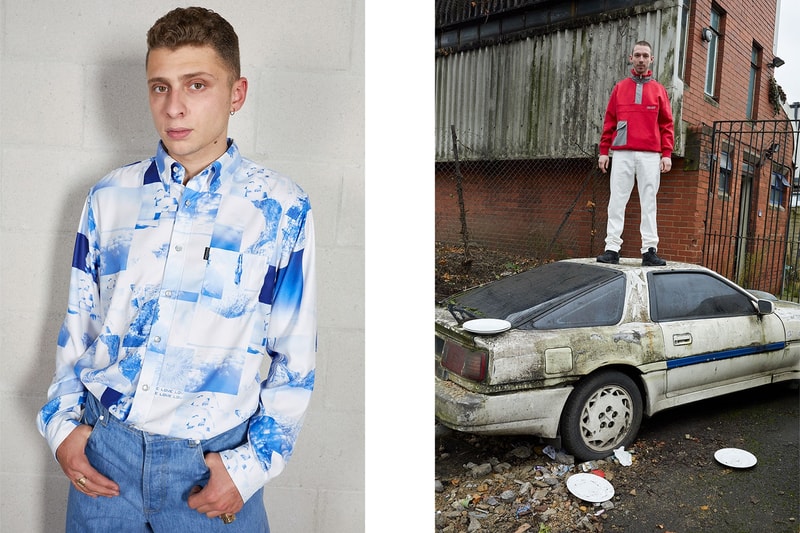 Palace Skateboards Spring 2018 Collection Lookbook Juergen Teller Blue Pattern Collared Shirt Red Sweater White Pants