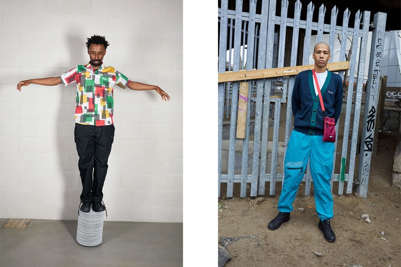 Palace Skateboards Spring 2018 Collection Lookbook Juergen Teller Patterned Collared Shirt Black Pants Green Blue Cardigan Maroon Bag
