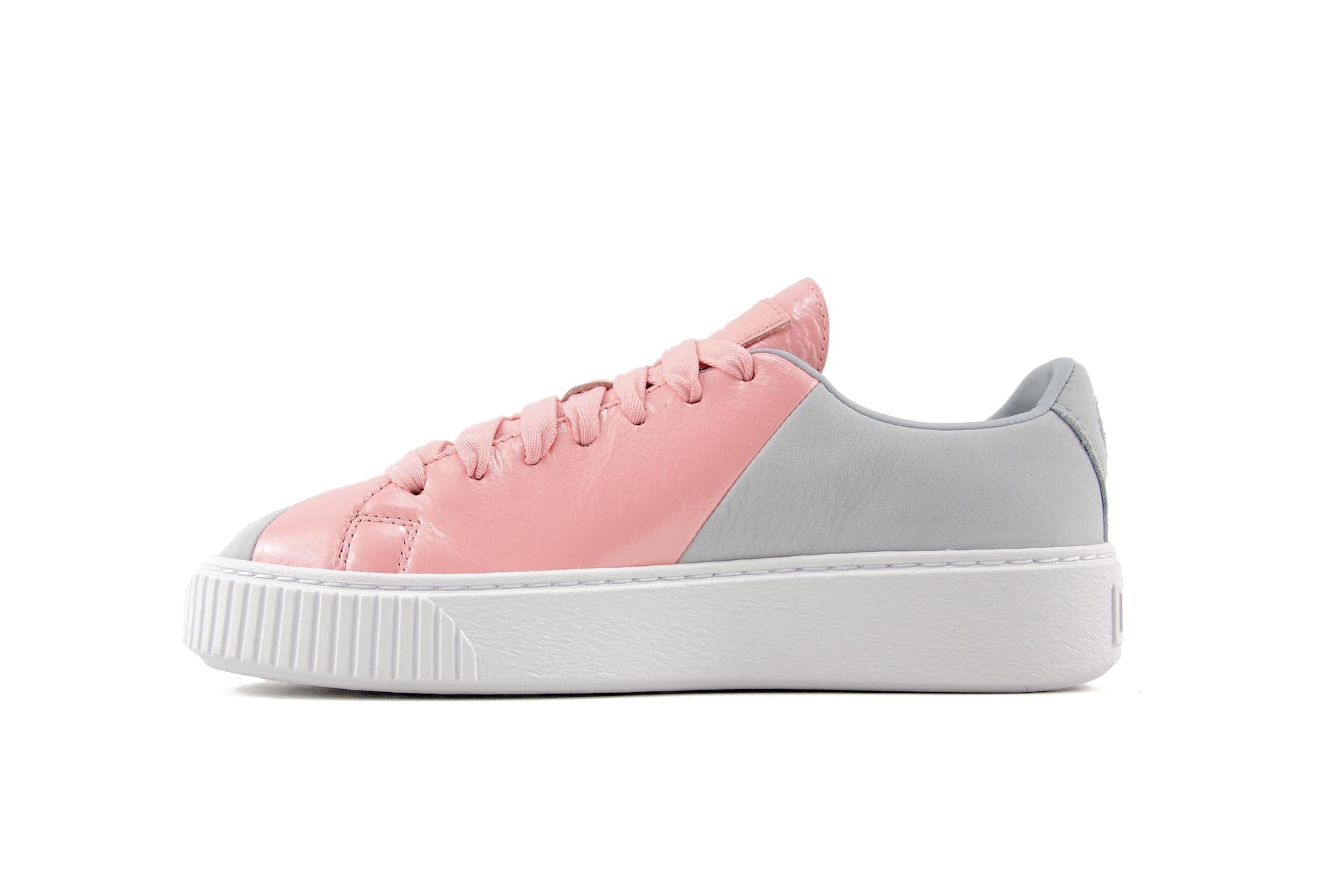 PUMA Basket Platform Valentine's Day Colorway Pink Grey Heart Sneaker Silhouette
