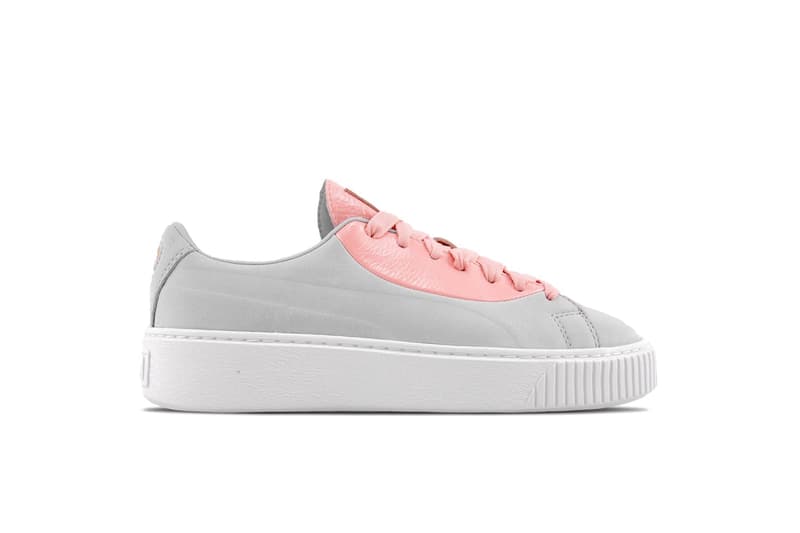 PUMA Basket Platform Valentine's Day Colorway Pink Grey Heart Sneaker Silhouette